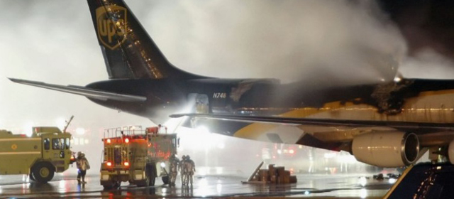 Many airlines - including prominent cargo carriers - are wary of transporting lithium batteries (pictured is a fire aboard a UPS freighter at Philadelphia International Airport in February 2006). Source: PA